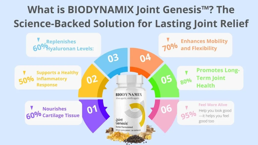 Biodynamix - joint genesis 1 Infographic for Biodynamix Joint Genesis, highlighting its science-backed benefits for joint relief.