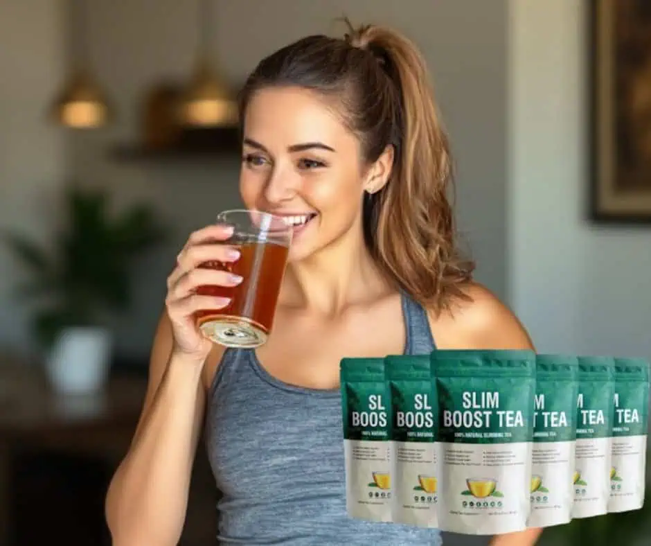 fit woman happily drinking Slim Boost Tea